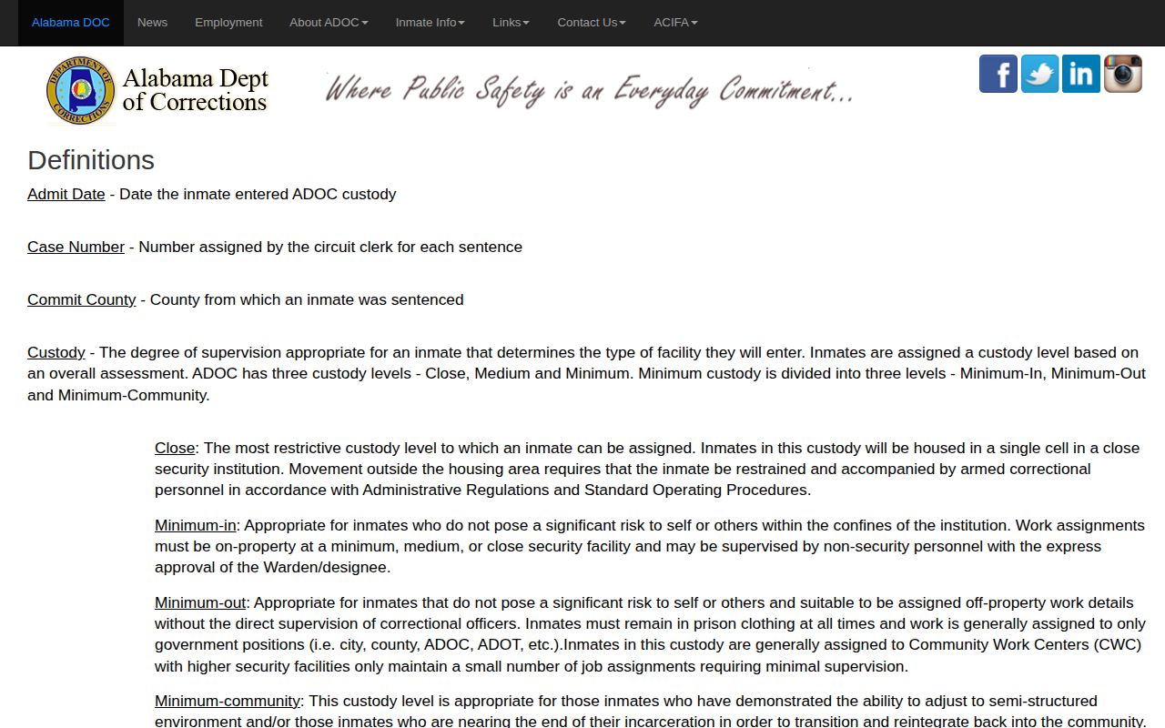 Alabama Department of Corrections definitions page for release date terms