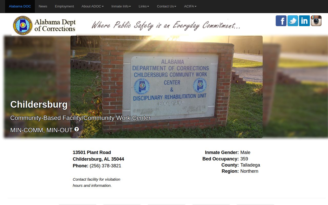 ADOC Childersburg Community-Based Facility and Community Work Center page