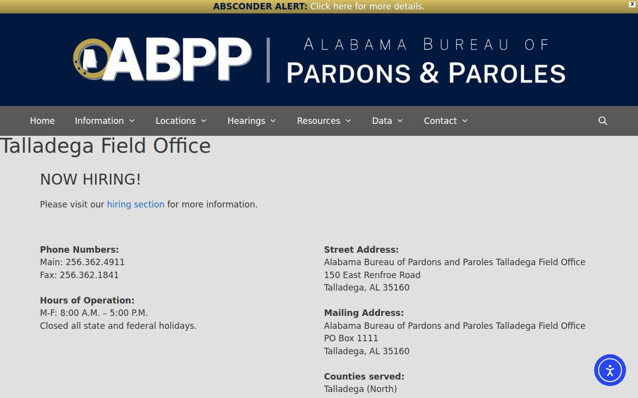 Alabama Bureau of Pardons and Paroles Talladega Field Office page
