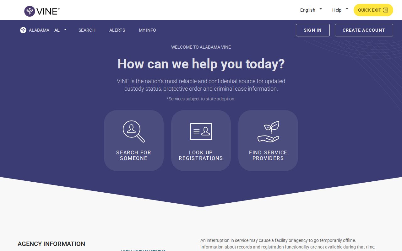 VINELink Alabama state entry page for custody status and release notifications